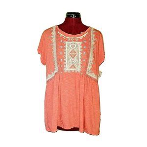 Style & Co. Woman Top Size 0X Coral Bliss Multicolor Babydoll Embroidered